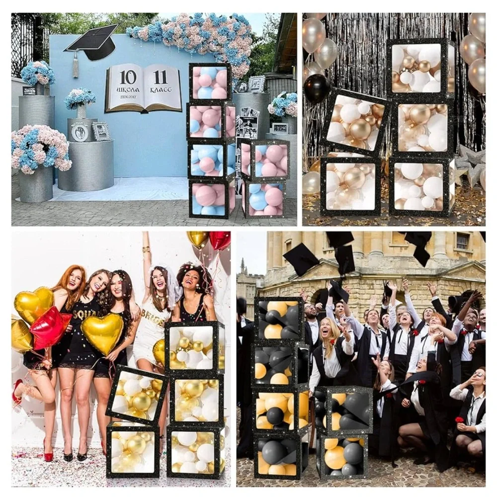 Clear Balloon Boxes for Party Decorations - Black - 4pcs